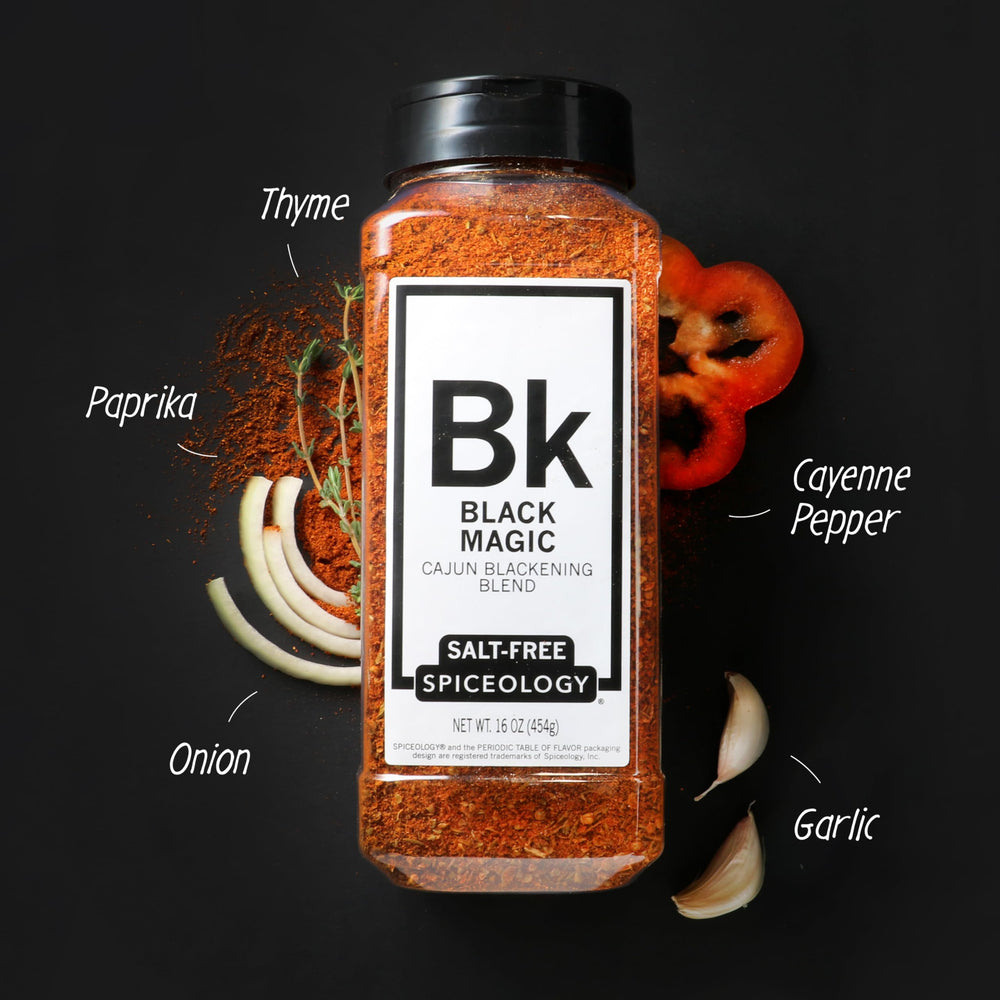 Spiceology Black Magic seasoning jar close-up, chef-crafted salt-free blend