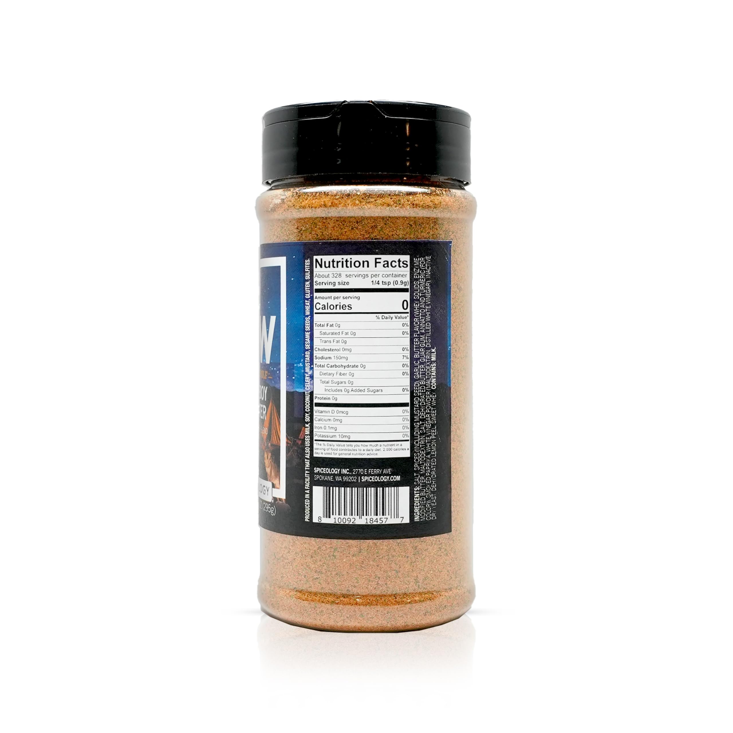 Close-up of Spiceology Cowboy Butter seasoning shaker with garlic and paprika aromas.
