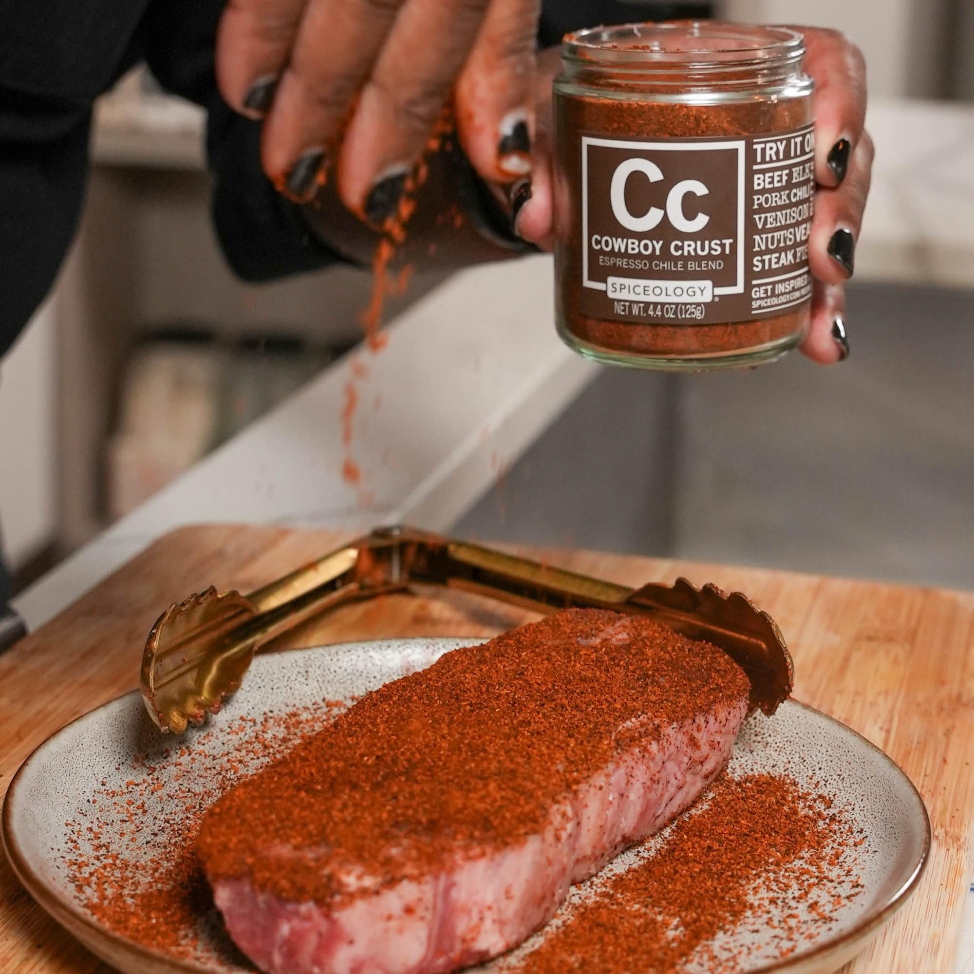 Spiceology Cowboy Crust Espresso Chile Seasoning grill view shows a smoky, coffee-kissed crust.