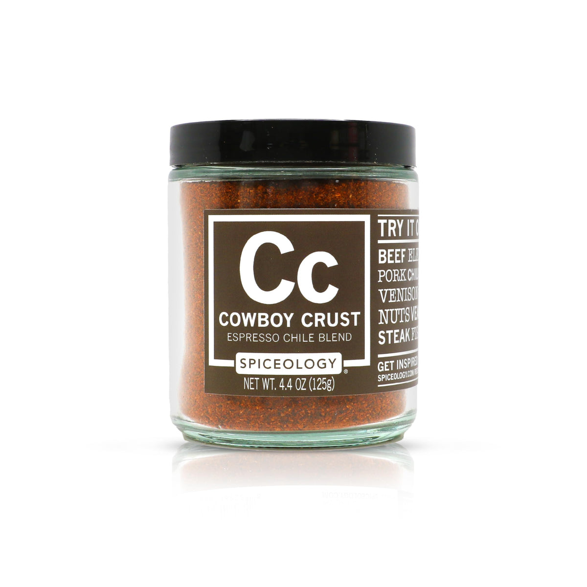 Spiceology Cowboy Crust Espresso Chile Seasoning jar ready for bold flavor on meats.