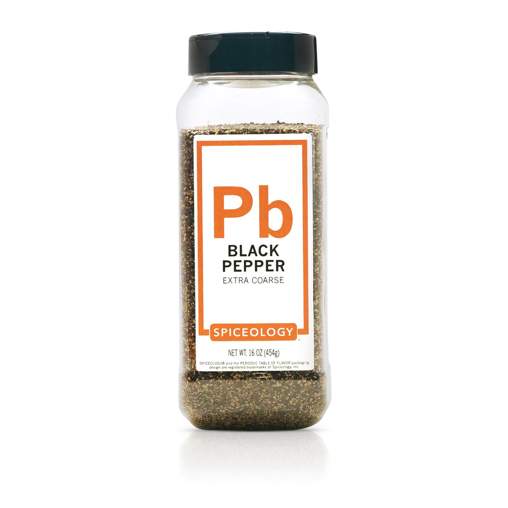 Spiceology Extra Coarse Black Pepper bottle pouring for bold flavor at the table.