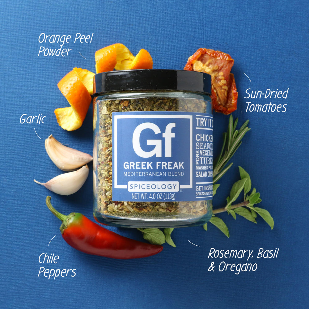Greek Freak dry spice blend spread across surface showing texture and depth
