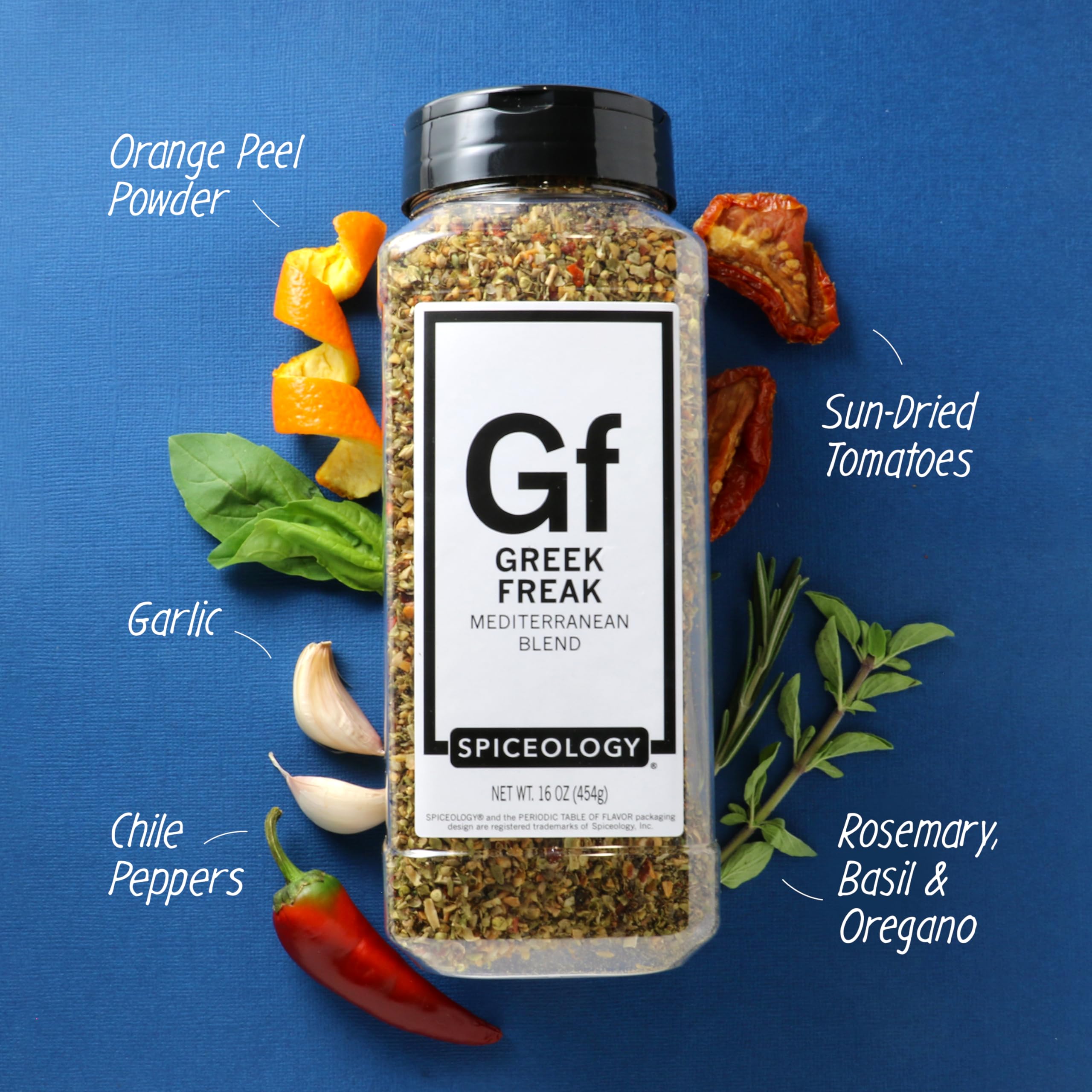 Spiceology Greek Freak seasoning closeup shows sea salt and orange zest
