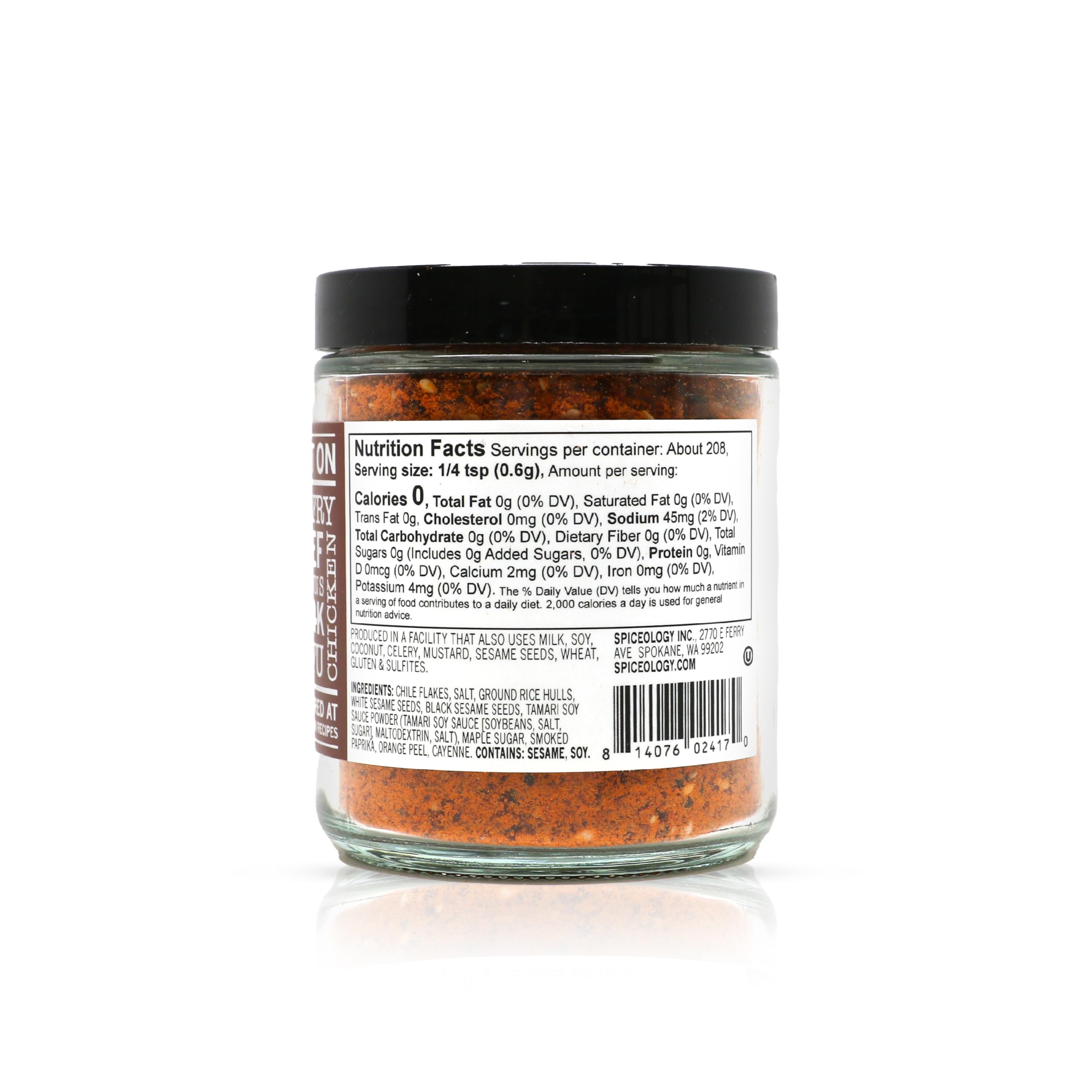 Spiceology Korean BBQ Seasoning jar closeup with sesame seeds and orange zest