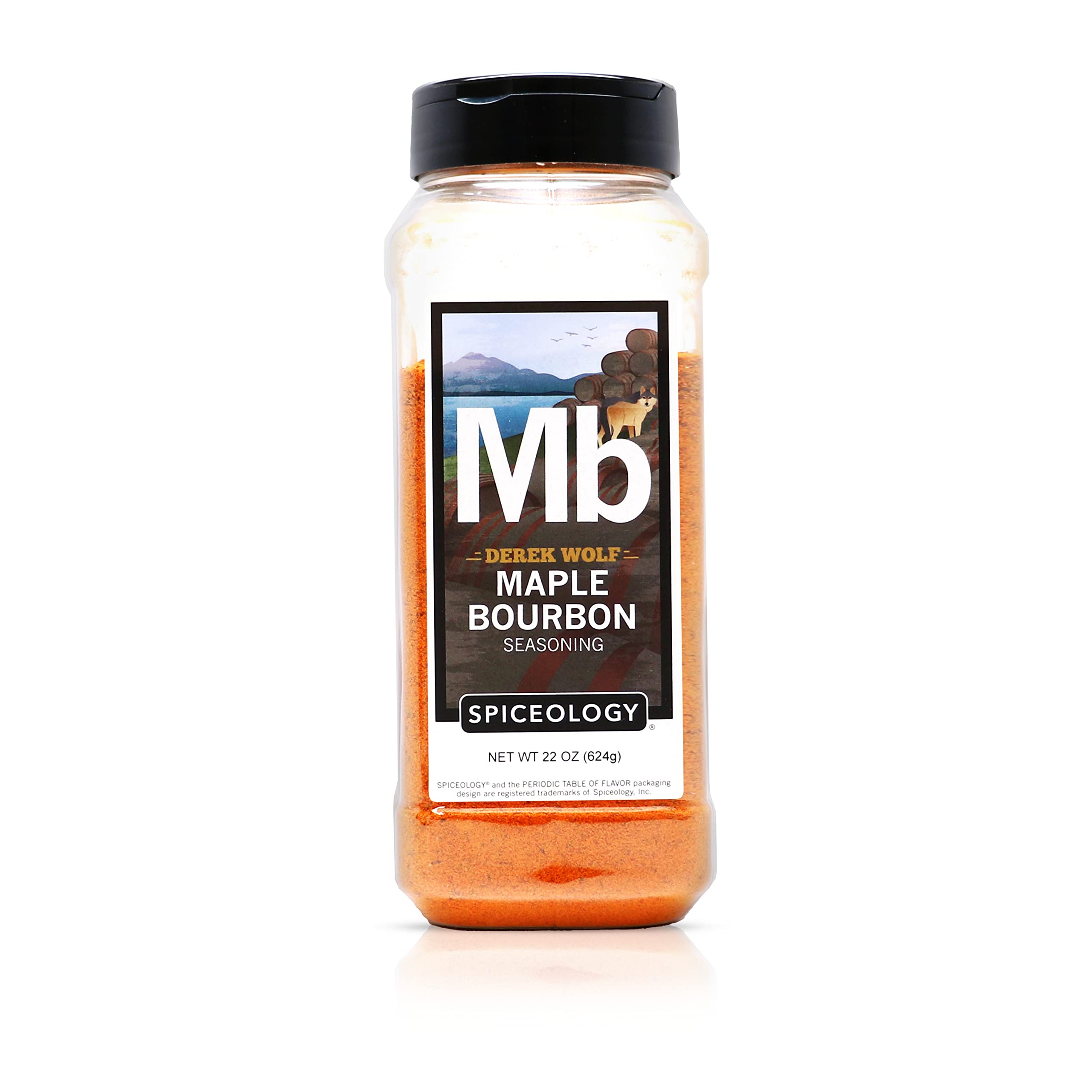 Spiceology Maple Bourbon seasoning bottle shown, perfect for boosting pork and beef flavor.