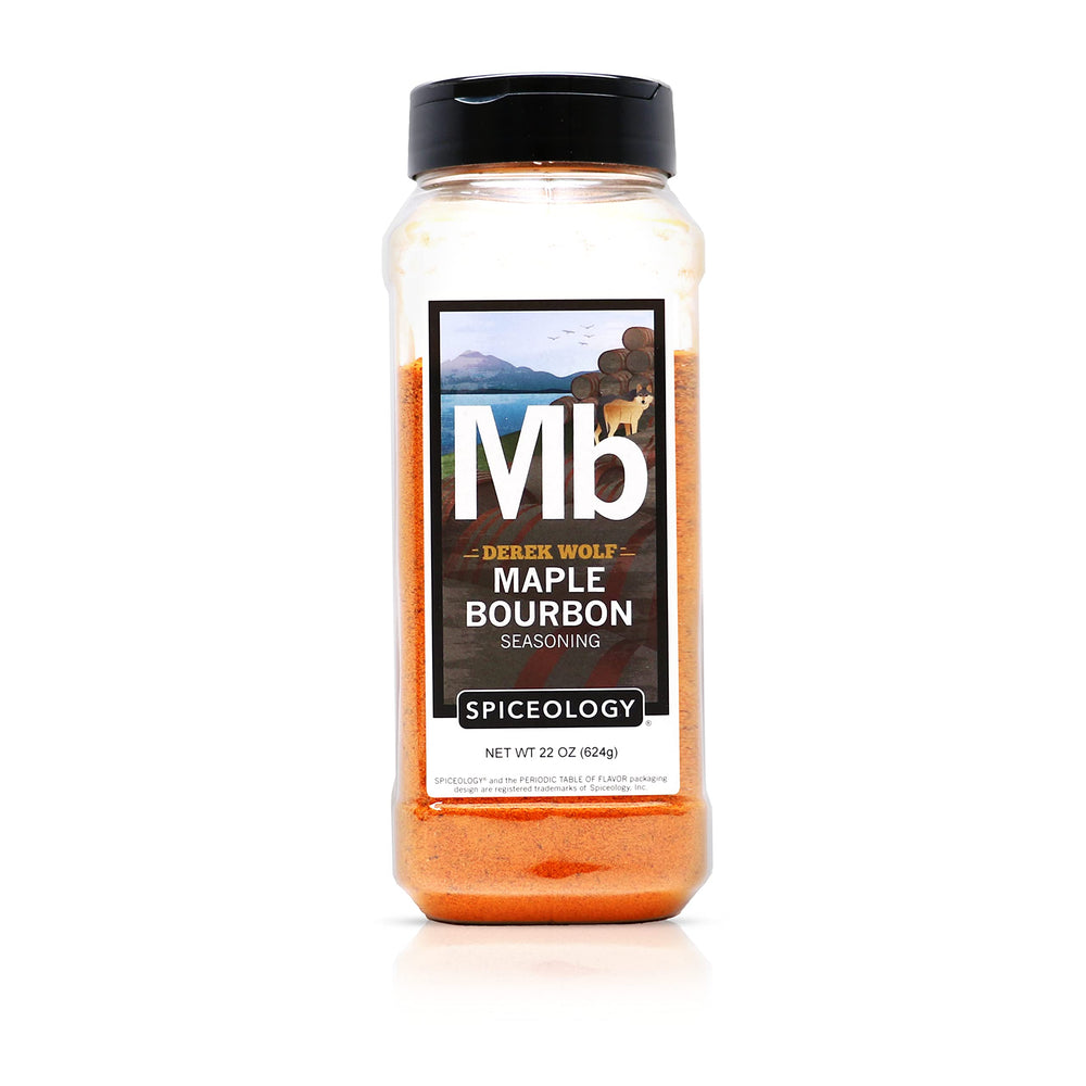 Spiceology Maple Bourbon seasoning bottle shown, perfect for boosting pork and beef flavor.