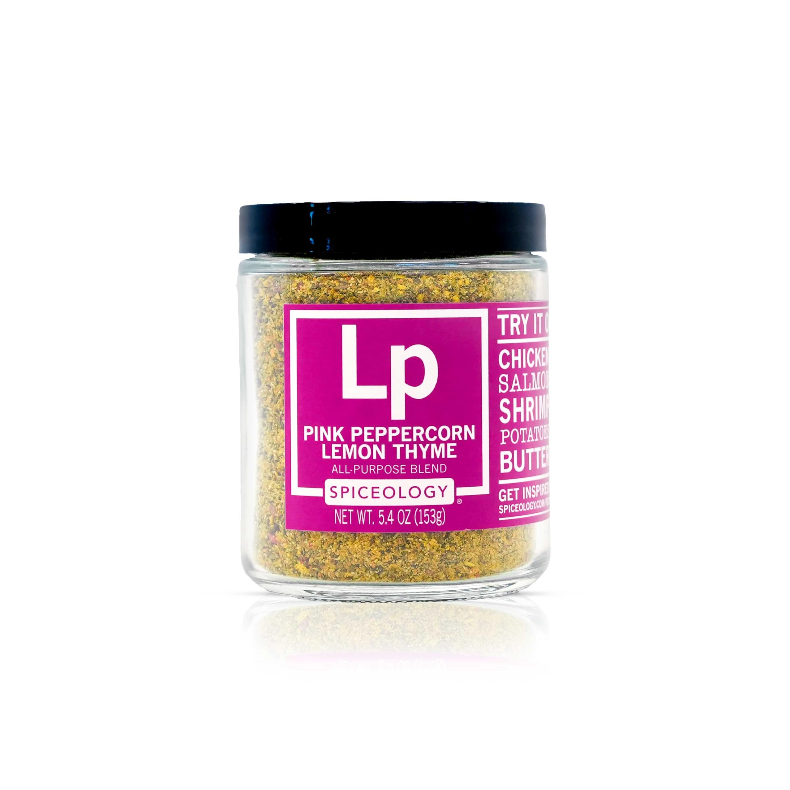 Spiceology Pink Peppercorn Lemon Thyme spice jar on counter for everyday seasoning