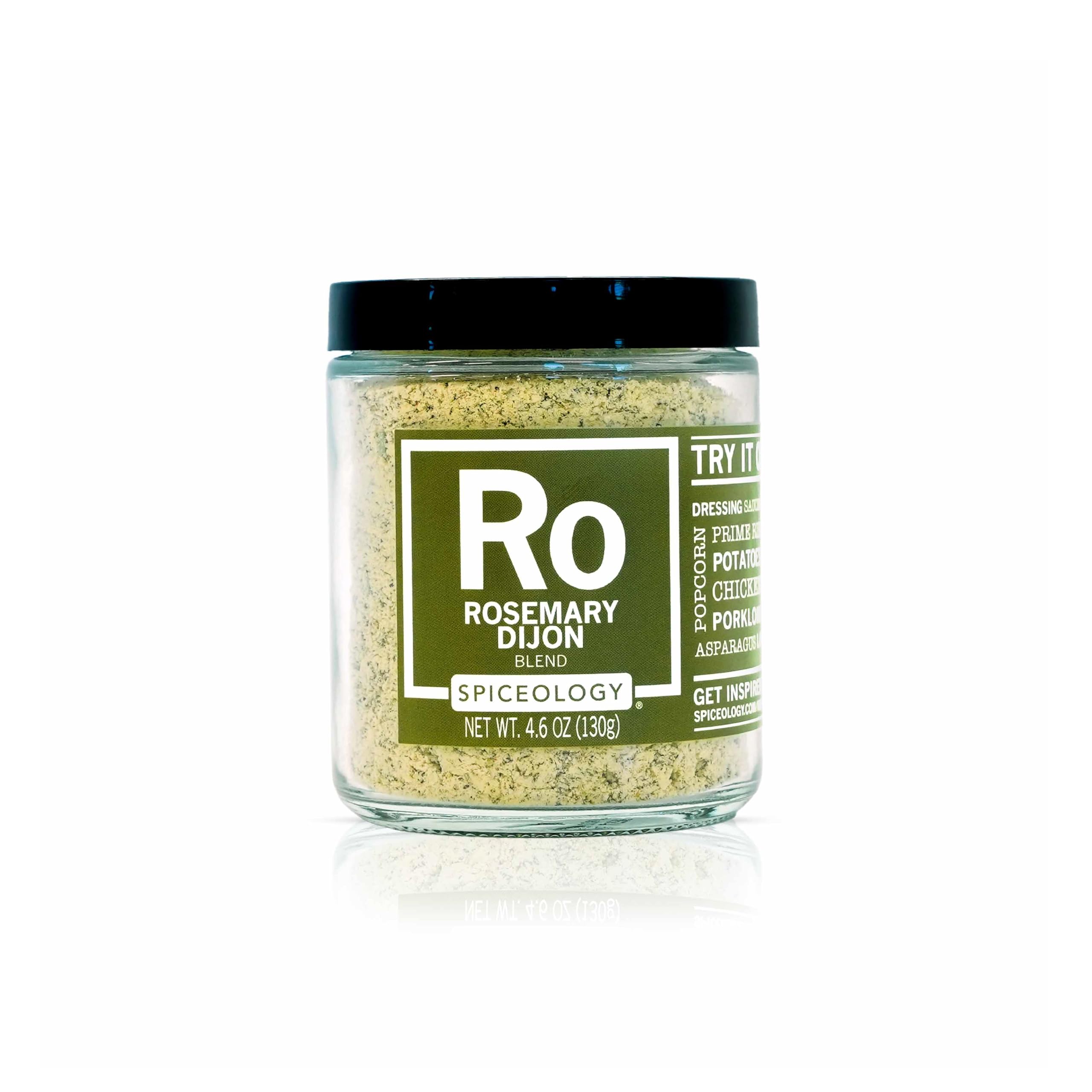 Spiceology Rosemary Dijon blend bottle pouring for rich, aromatic roasts and sauces.