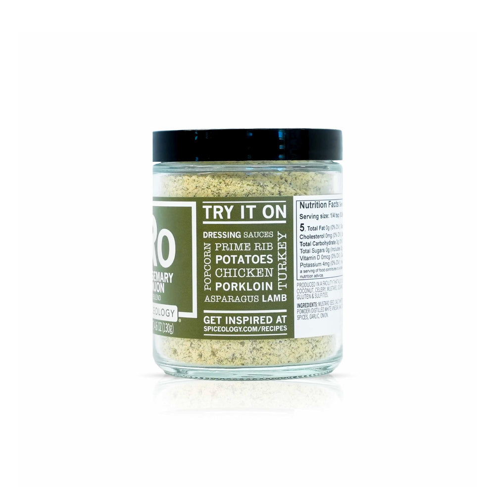 Spiceology Rosemary Dijon blend jar close-up showcasing fresh dill and herbs.