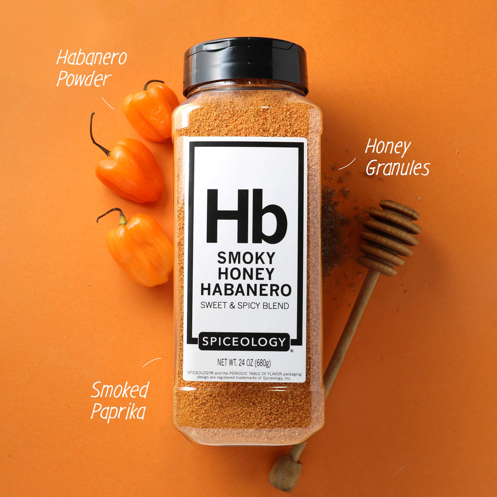 Spiceology Smoky Honey Habanero rub jar showcases gluten-free, chef-crafted versatility for wings