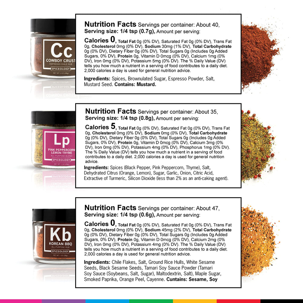 Labelled mini jars of Spiceology rubs displayed for sampling