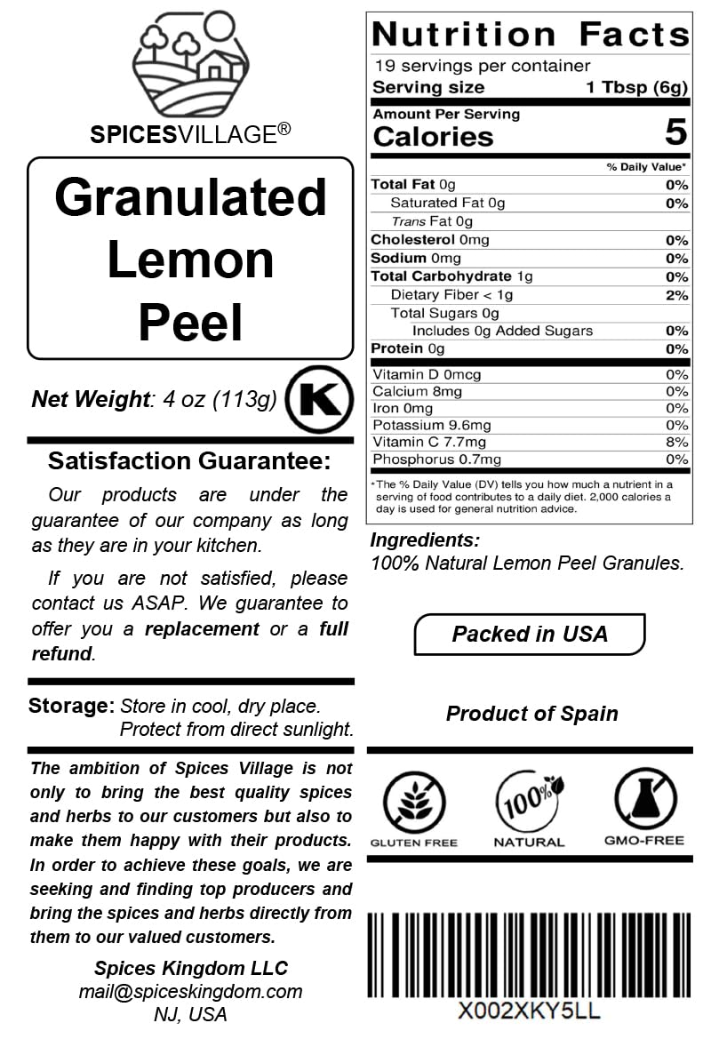 Spices Village lemon zest granules in bowl improve baked goods with bright citrus aroma.