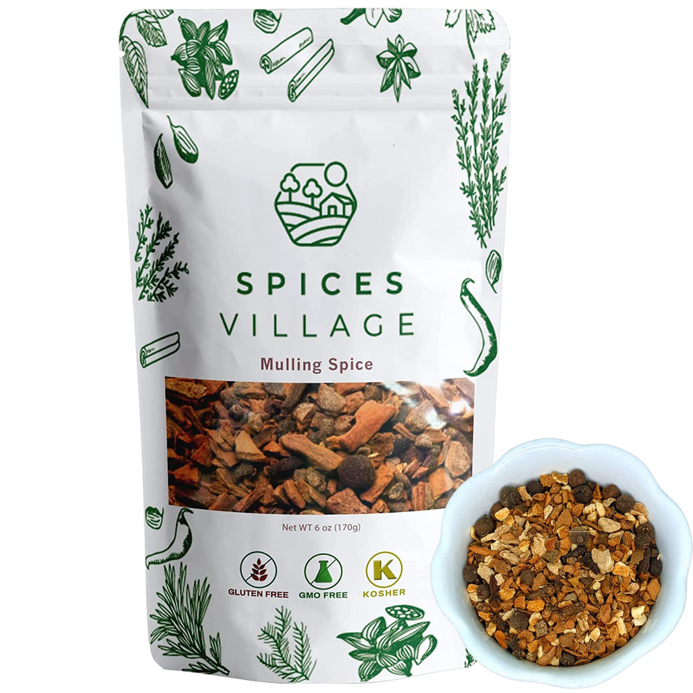 Spices Village Mulling Spices packaging close-up showing premium blend for cozy beverages