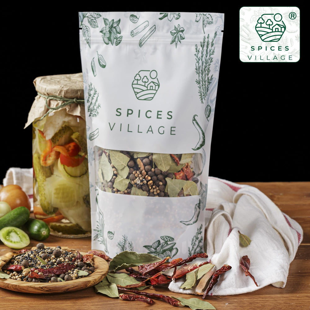 Spices Village pickling spice on kitchen counter for fresh pickles.
