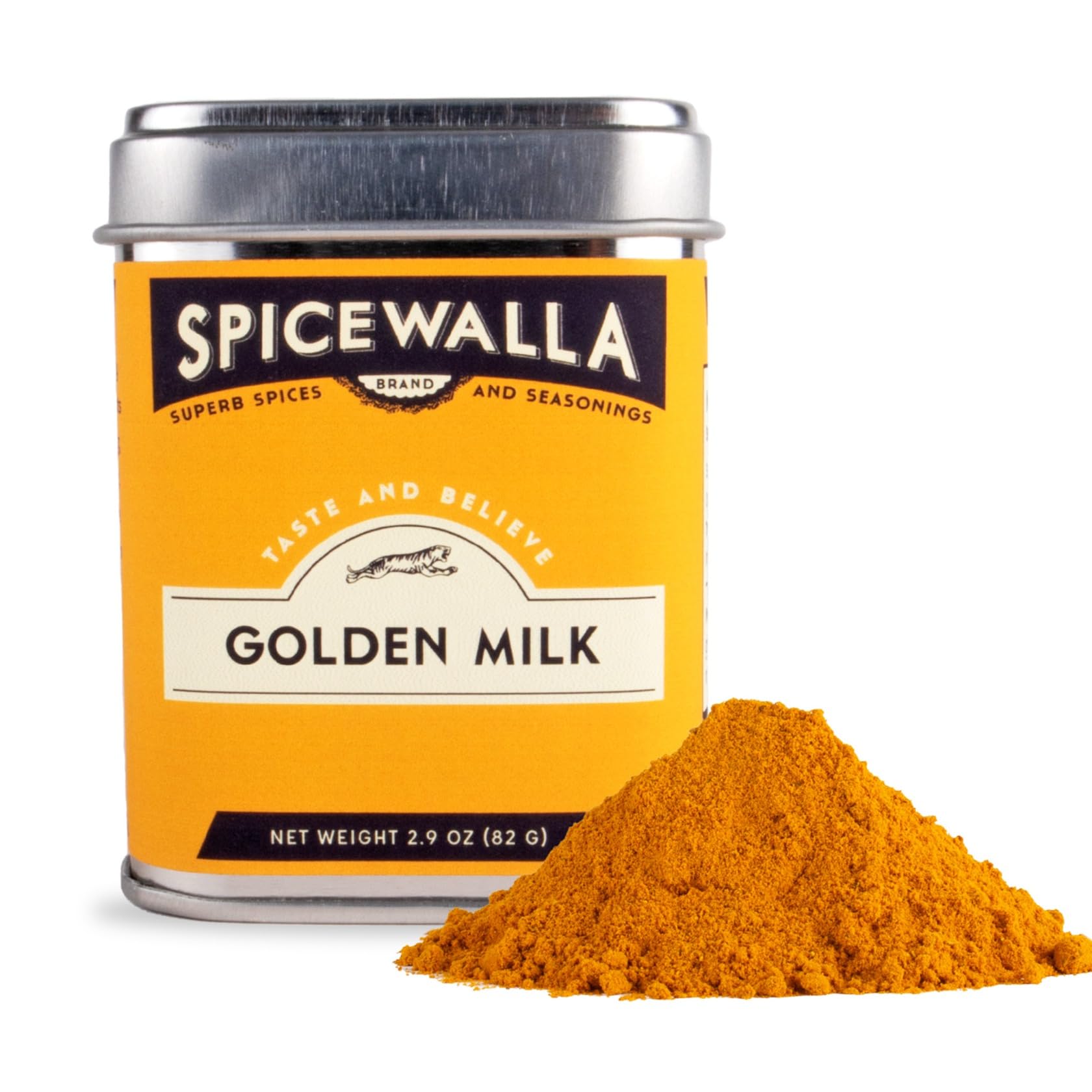 SPICEWALLA Golden Milk Powder packaging highlights premium blend and aroma.