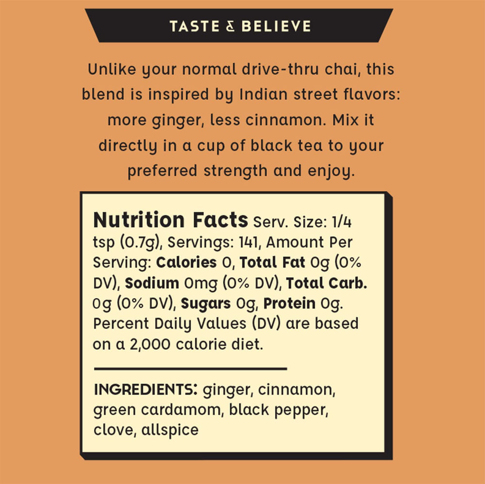 Spicewalla Masala Chai Spice label signals premium, authentic blend.