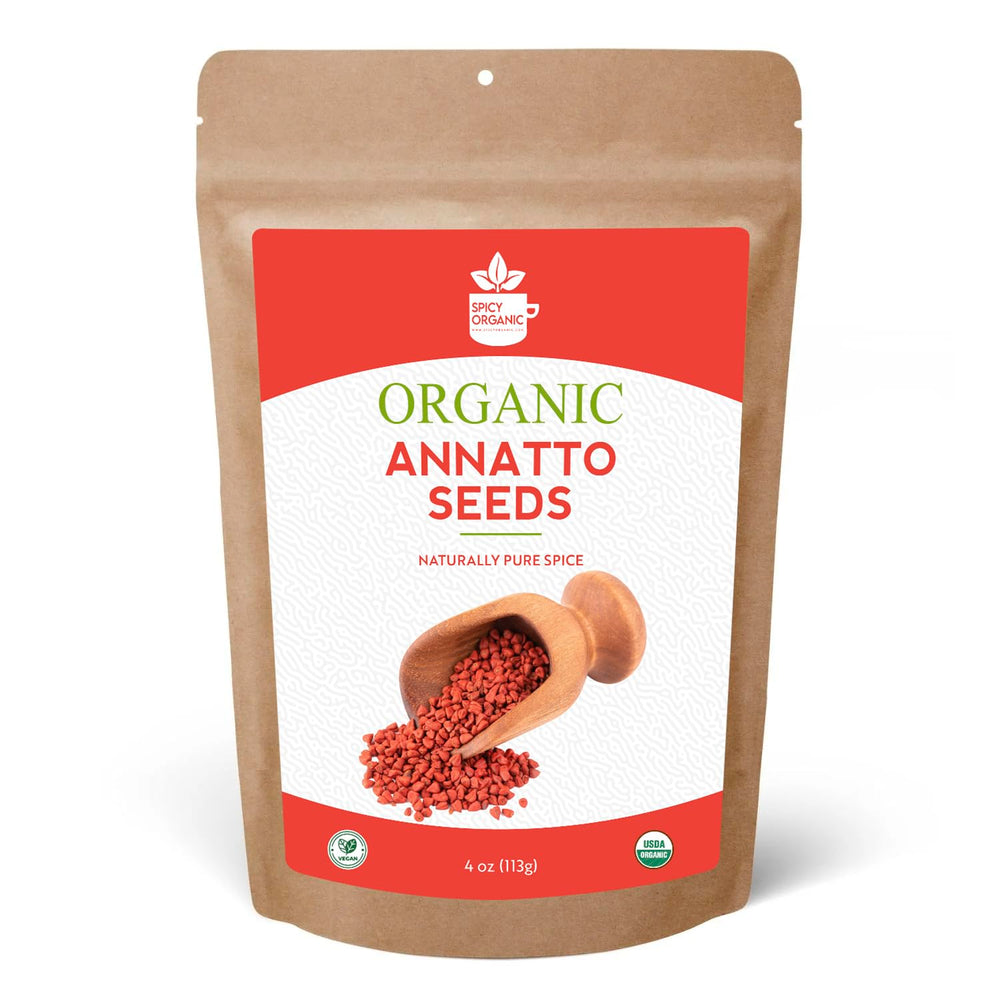 SPICY ORGANIC annatto seeds in a 4 oz jar showing natural color and aroma.
