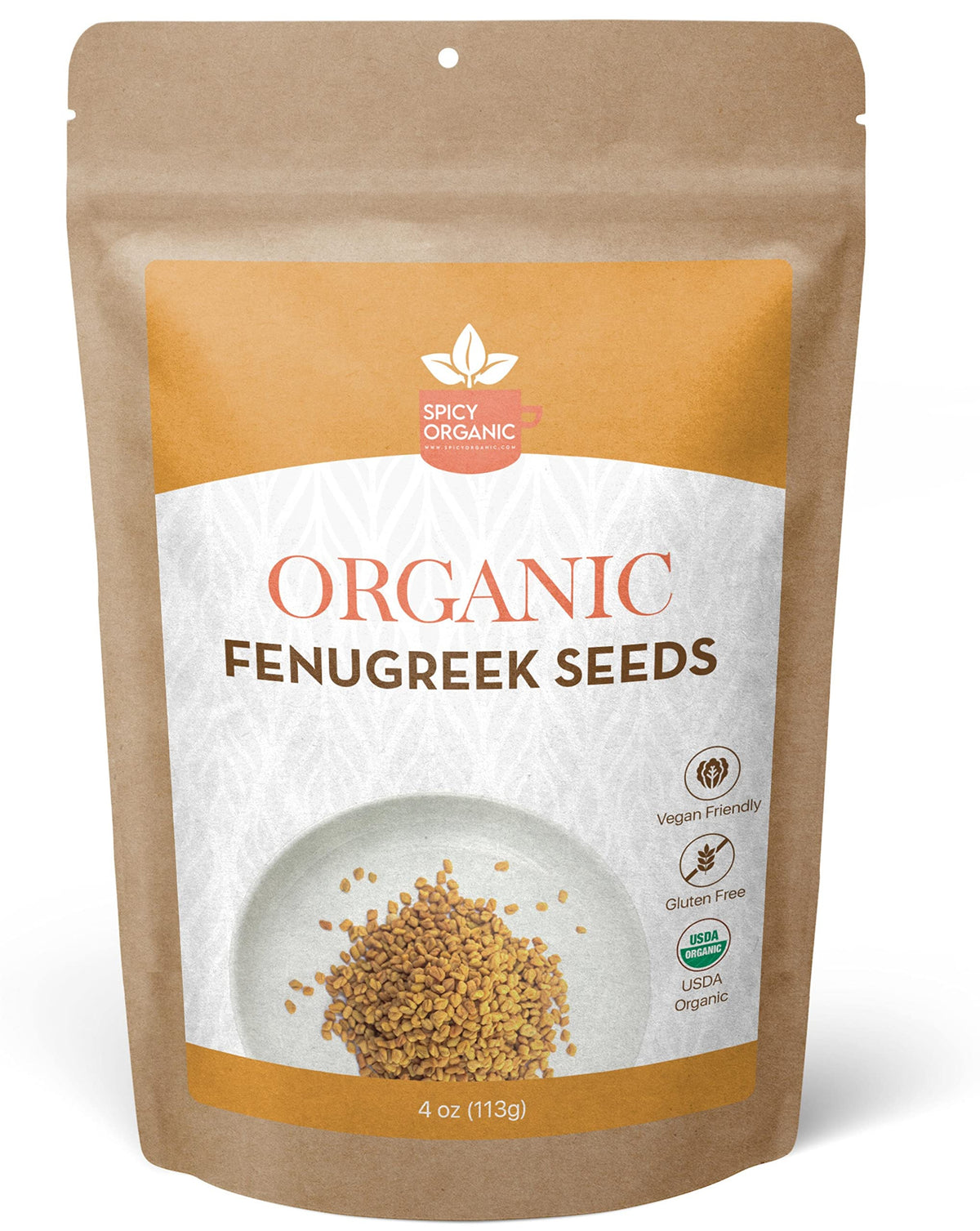 SPICY ORGANIC Fenugreek seeds 4oz front label, highlighting organic quality for cooking.