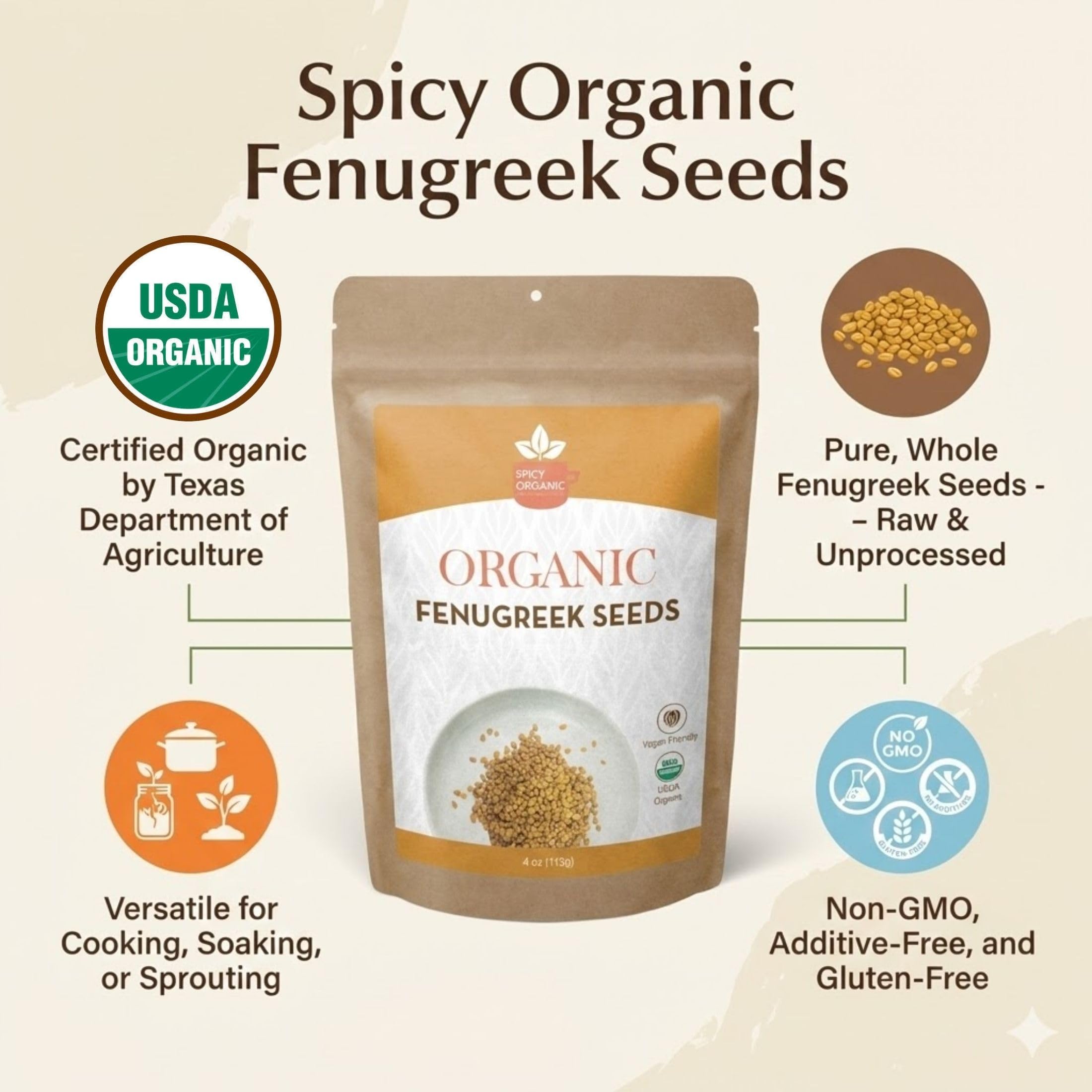SPICY ORGANIC fenugreek seeds dry pods resting on wood for natural presentation.