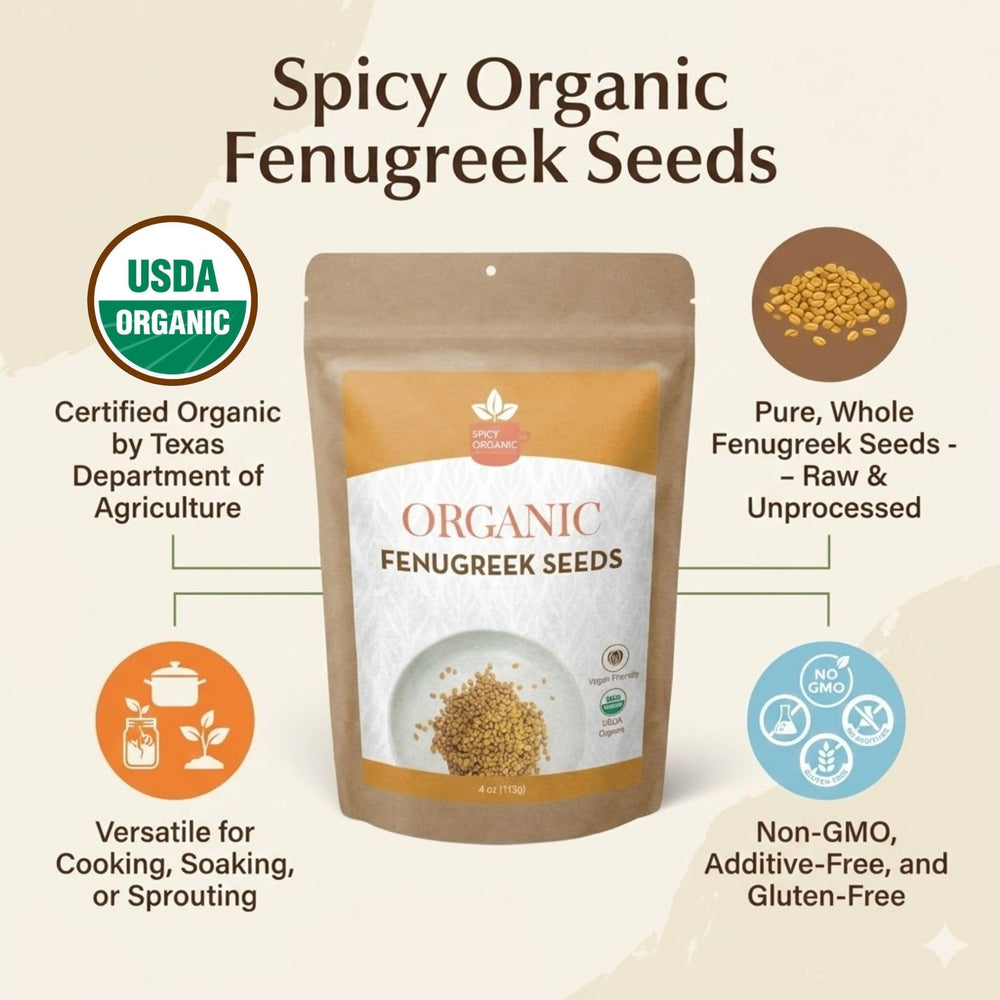 SPICY ORGANIC fenugreek seeds dry pods resting on wood for natural presentation.