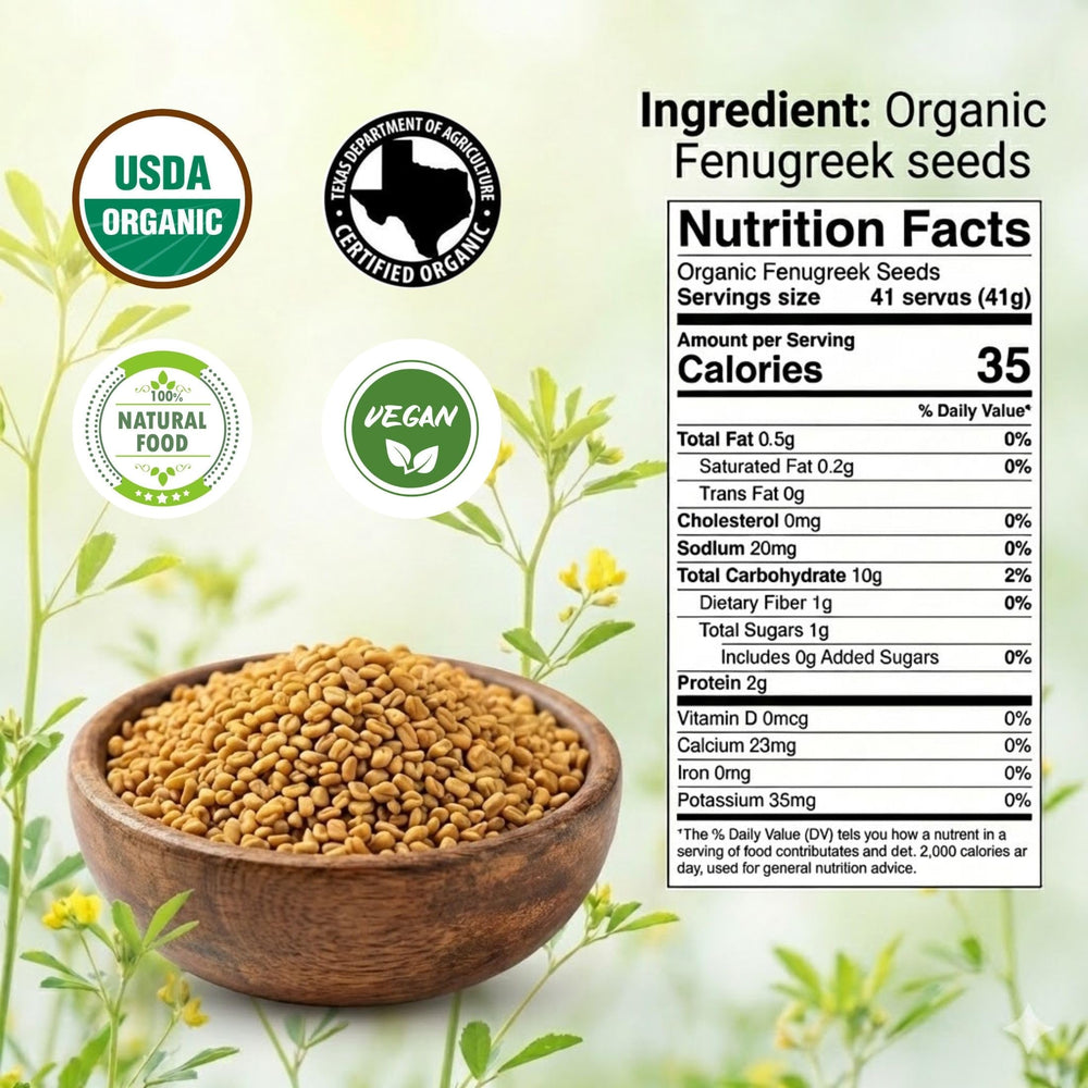 SPICY ORGANIC fenugreek seeds close-up shows organic certification and quality for cooking.