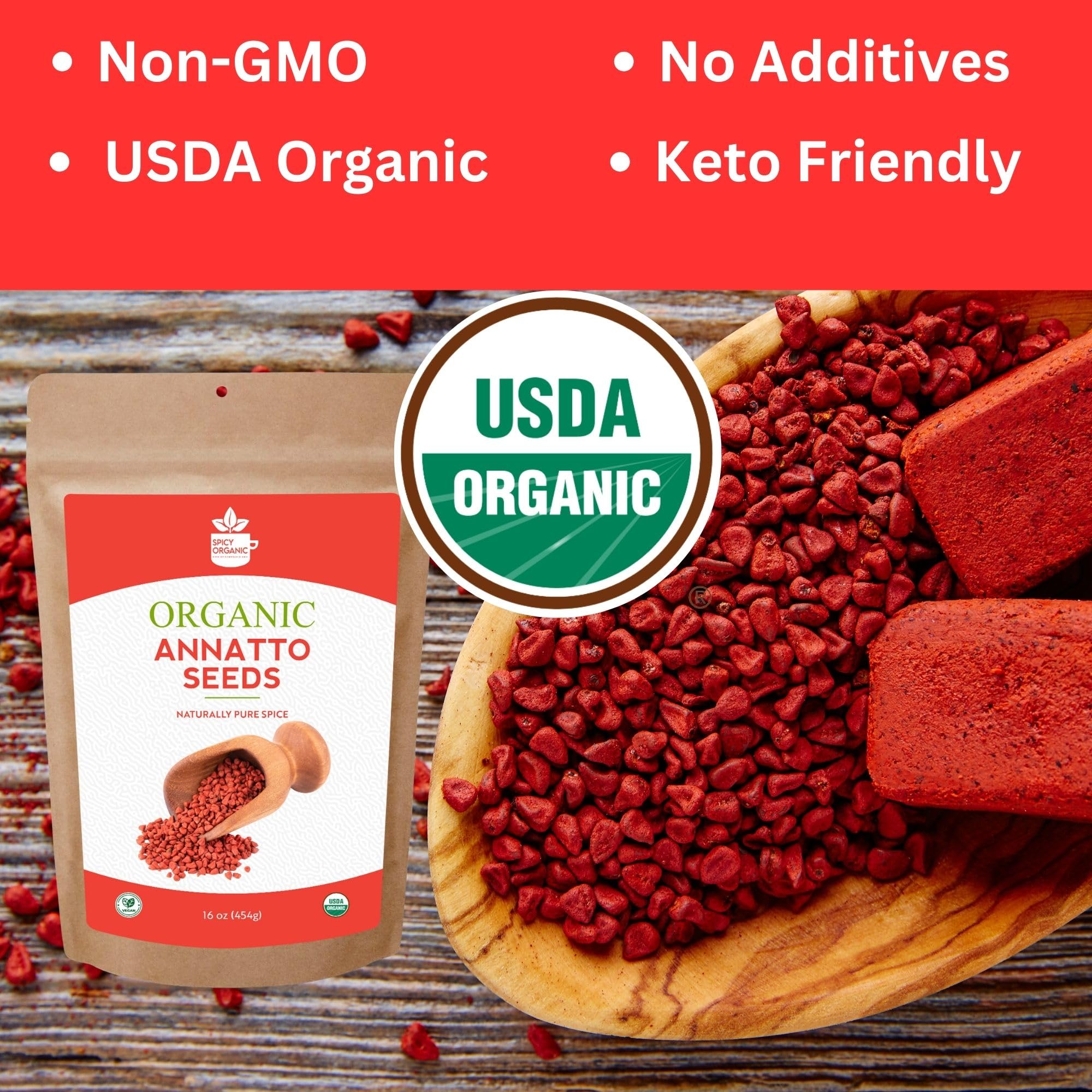 Ground SPICY ORGANIC annatto seeds for achiote spice blends and marinades.