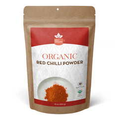 SPICY ORGANIC Red Chili Powder bottle close-up for vibrant soups and stews.