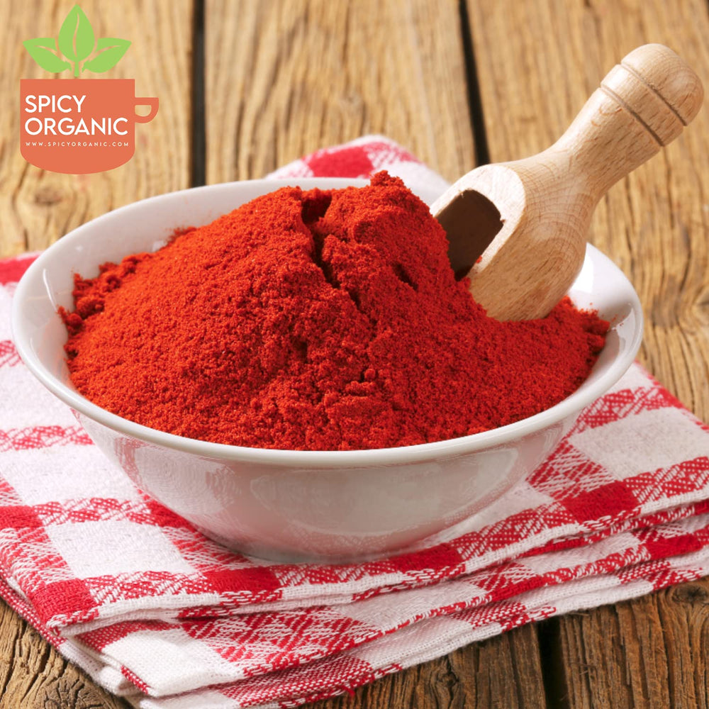 Measuring spoon with SPICY ORGANIC Red Chili Powder for tacos.