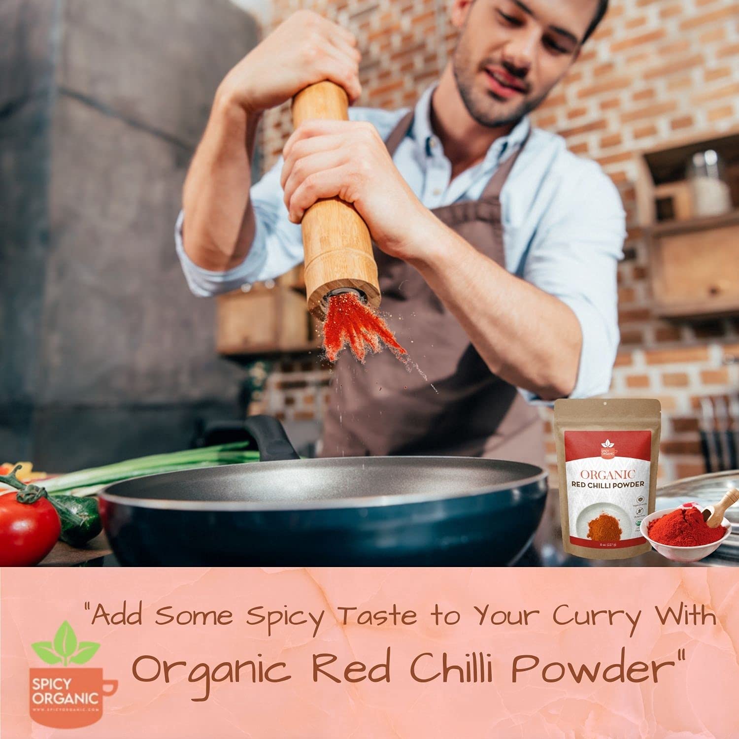 Close-up of SPICY ORGANIC Red Chili Powder bright red powder.