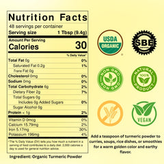 Sealed 8 oz pouch of Spicy Organic turmeric powder preserves aroma and freshness for daily use.