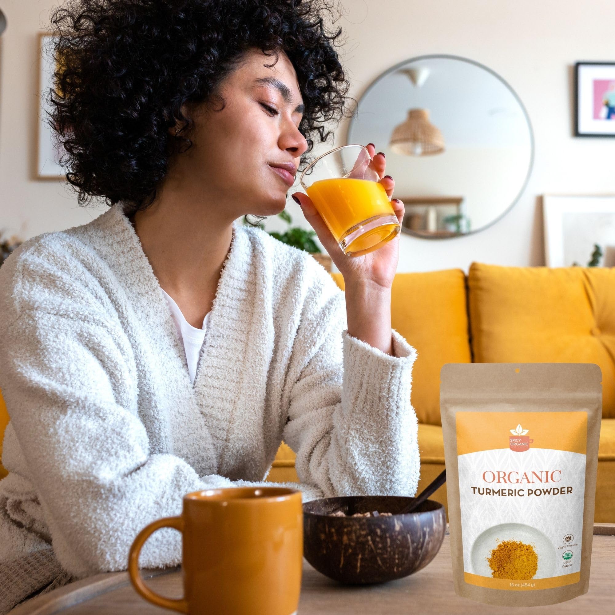 Spicy Organic turmeric powder in fresh packaging highlights quality and organic certification.