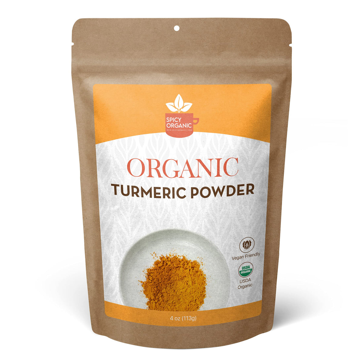 Spicy Organic turmeric powder in a jar, ready for curries and golden milk.