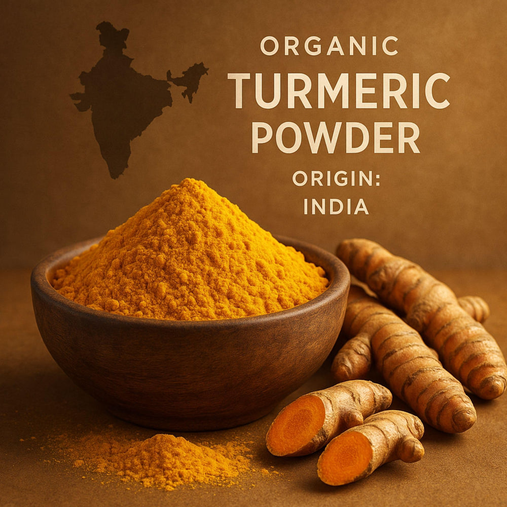 Spicy Organic turmeric powder added to a smoothie bowl for color and flavor.