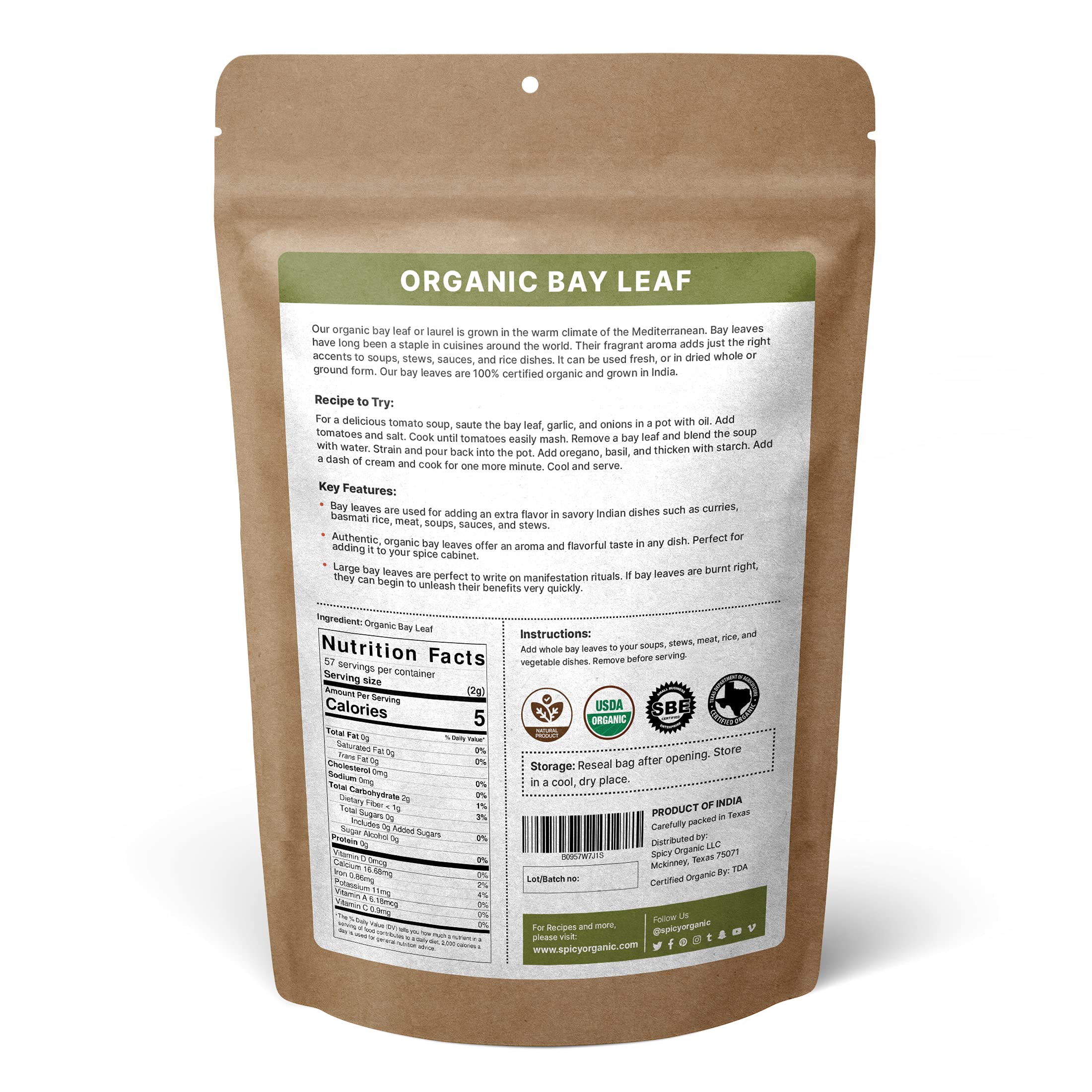SPICY ORGANIC Bay Leaf in USDA organic pack supports gluten-free meals.