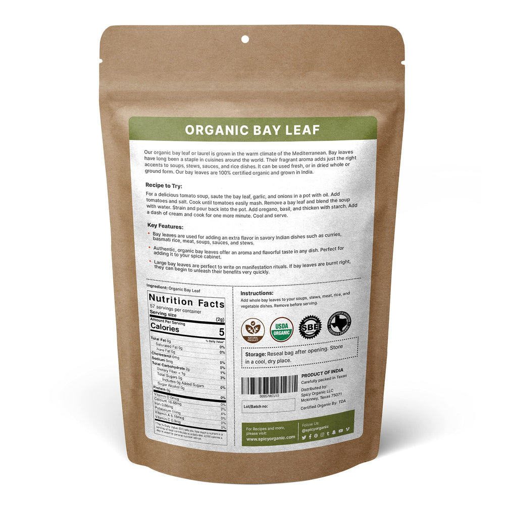 SPICY ORGANIC Bay Leaf in USDA organic pack supports gluten-free meals.