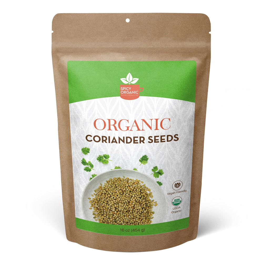 SPICY ORGANIC whole coriander seeds packshot for grinding and flavoring dishes