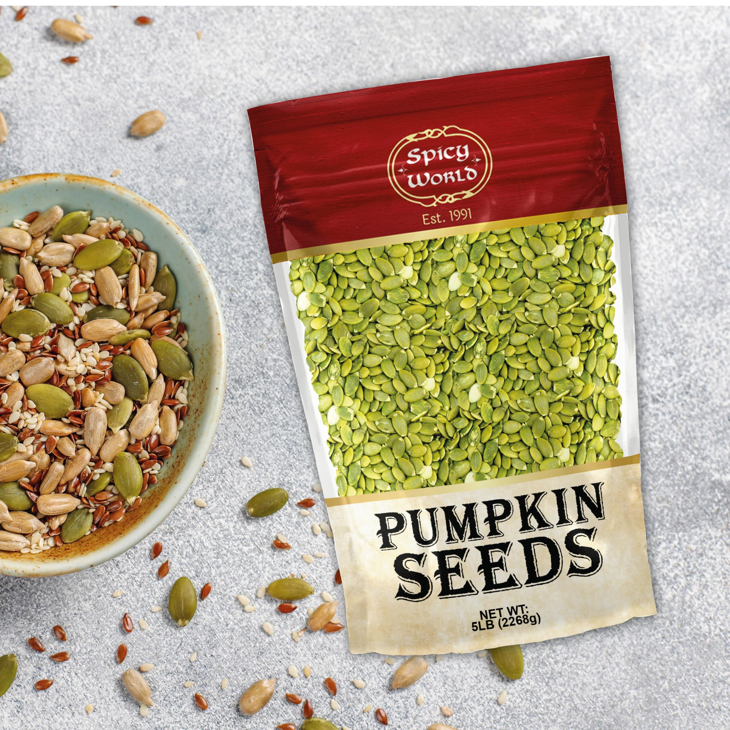 Spicy World 5lb pumpkin seeds bulk on store display value and freshness