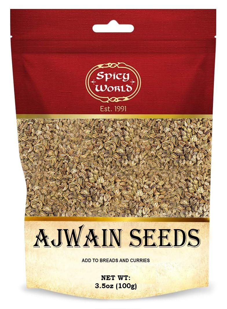 Spicy World Ajwain seeds bag front highlighting resealable packaging for freshness.