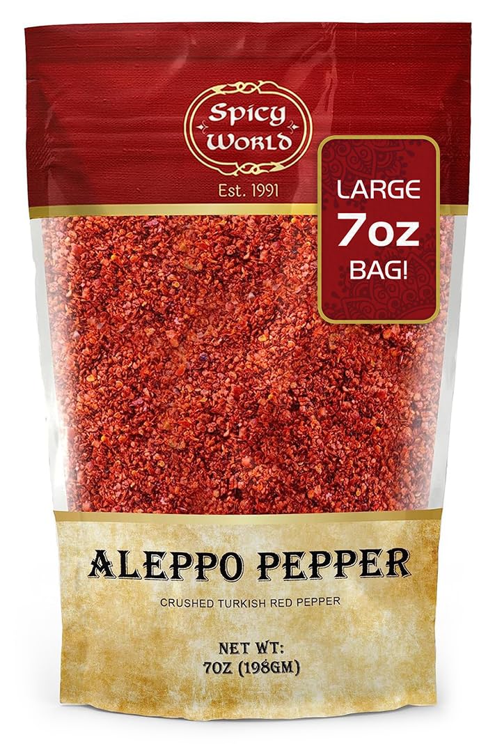 Spicy World Aleppo Pepper Flakes bottle adds smoky, fruity heat to everyday dishes.