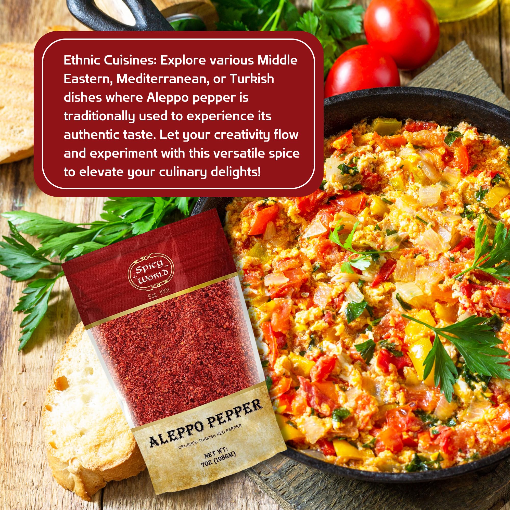 Spicy World Aleppo Pepper Flakes on hummus adds depth and a mild peppery kick.
