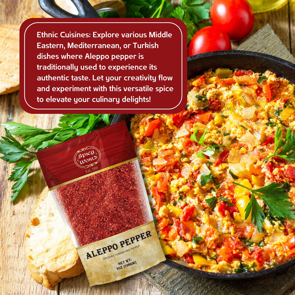 Spicy World Aleppo Pepper Flakes on hummus adds depth and a mild peppery kick.