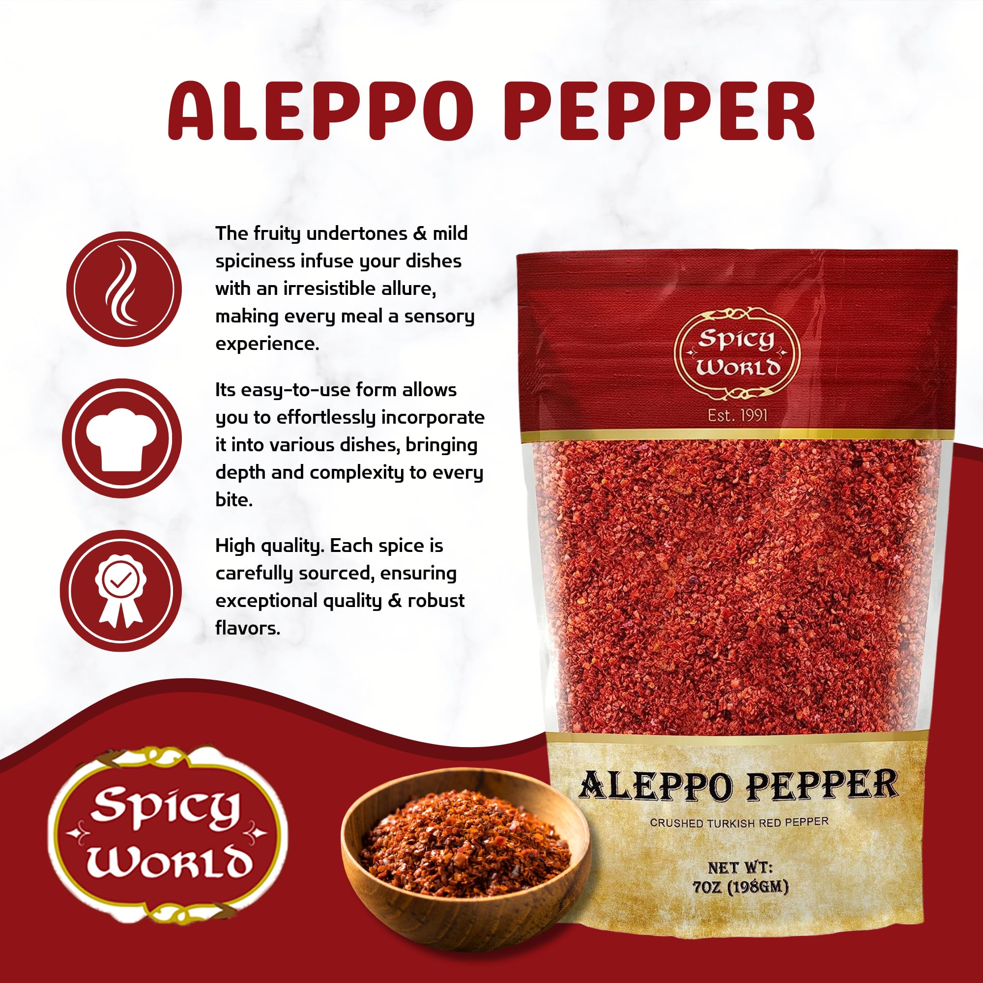 Spicy World Aleppo Pepper Flakes sealed bag preserves long-lasting flavor for pantries.