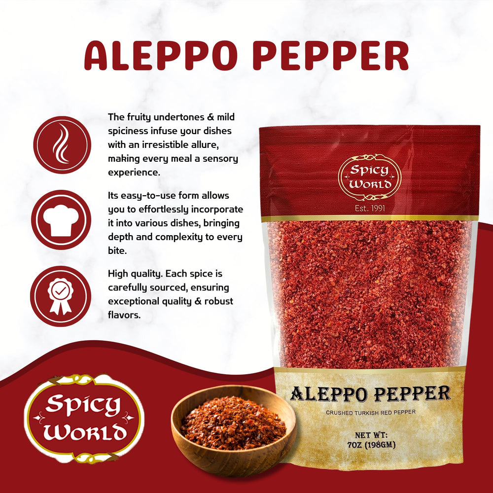 Spicy World Aleppo Pepper Flakes sealed bag preserves long-lasting flavor for pantries.