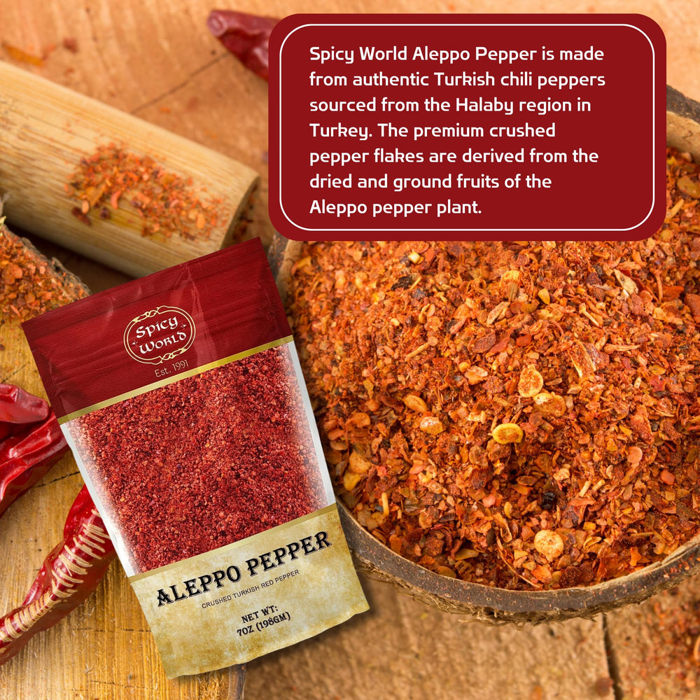 Spicy World Aleppo Pepper Flakes spoon-dusting creates quick, vibrant heat on salads and stews.