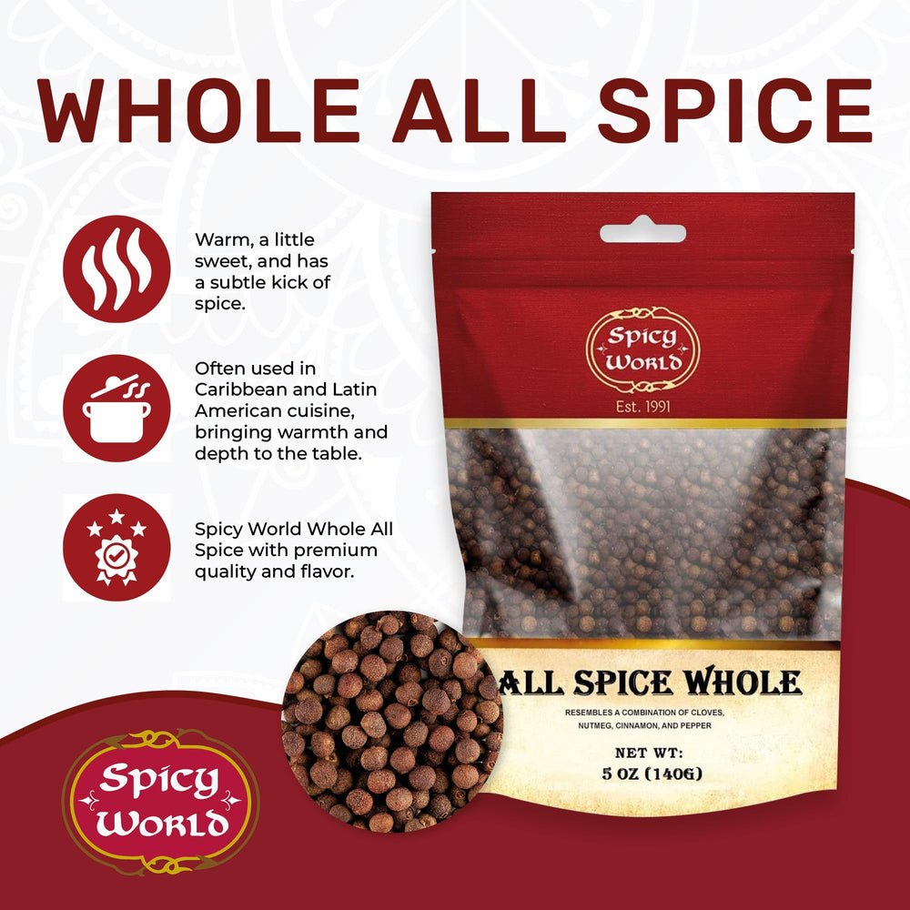 Spicy World allspice berries close-up highlighting warm, aromatic notes ideal for marinades.