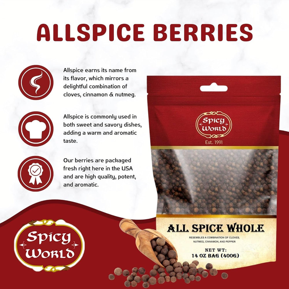 Spicy World allspice berries closeup showing large glossy seeds