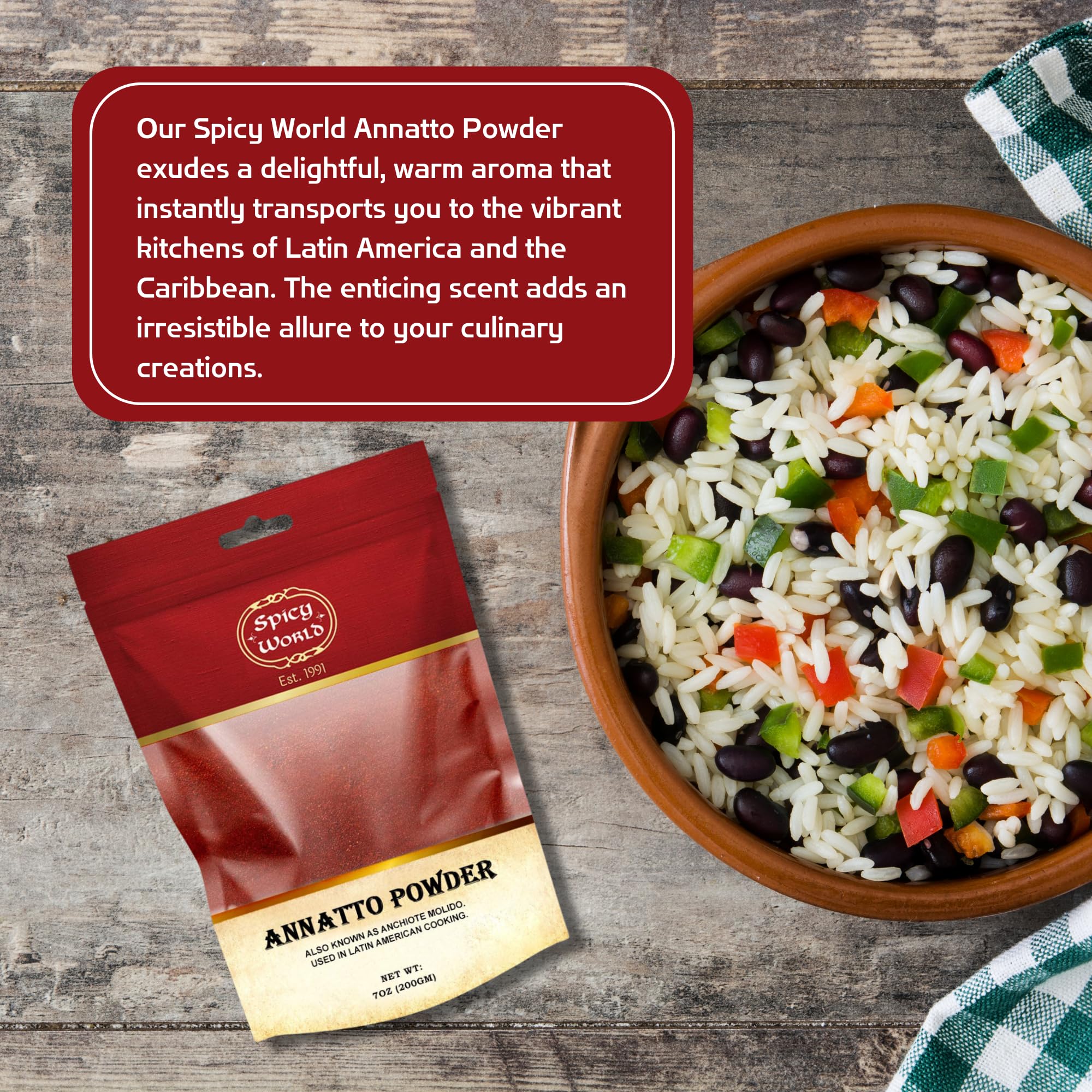 Spicy World Annatto Powder aroma hints at mild earthy notes for marinades.