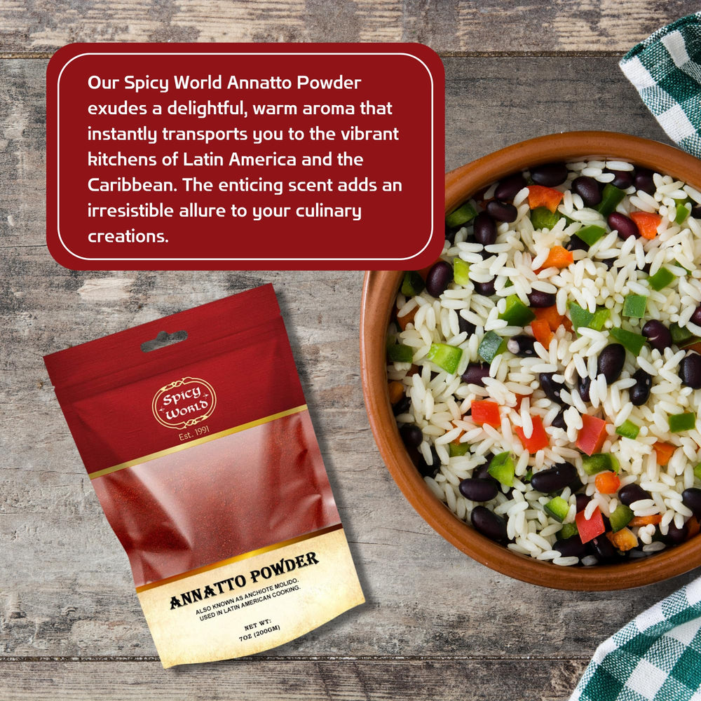Spicy World Annatto Powder aroma hints at mild earthy notes for marinades.