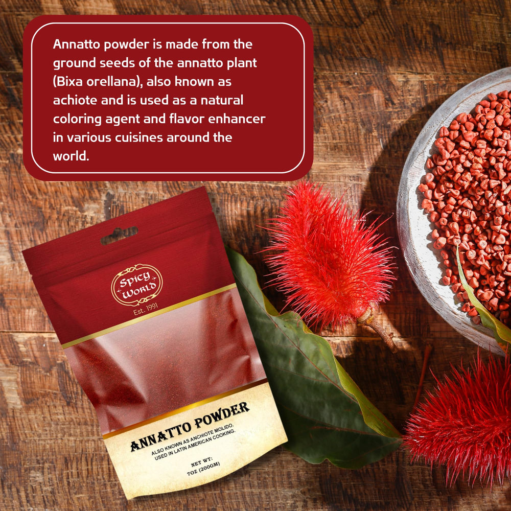 Spicy World Annatto Powder demonstrates the golden color ideal for color-rich dishes.