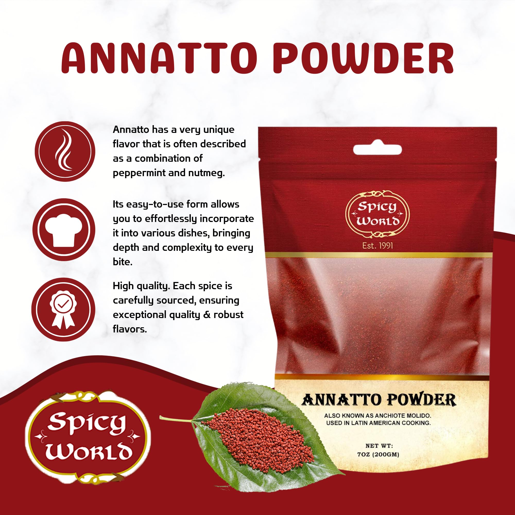 Spicy World Annatto Powder ground seeds close-up reveal a fine, vibrant powder.